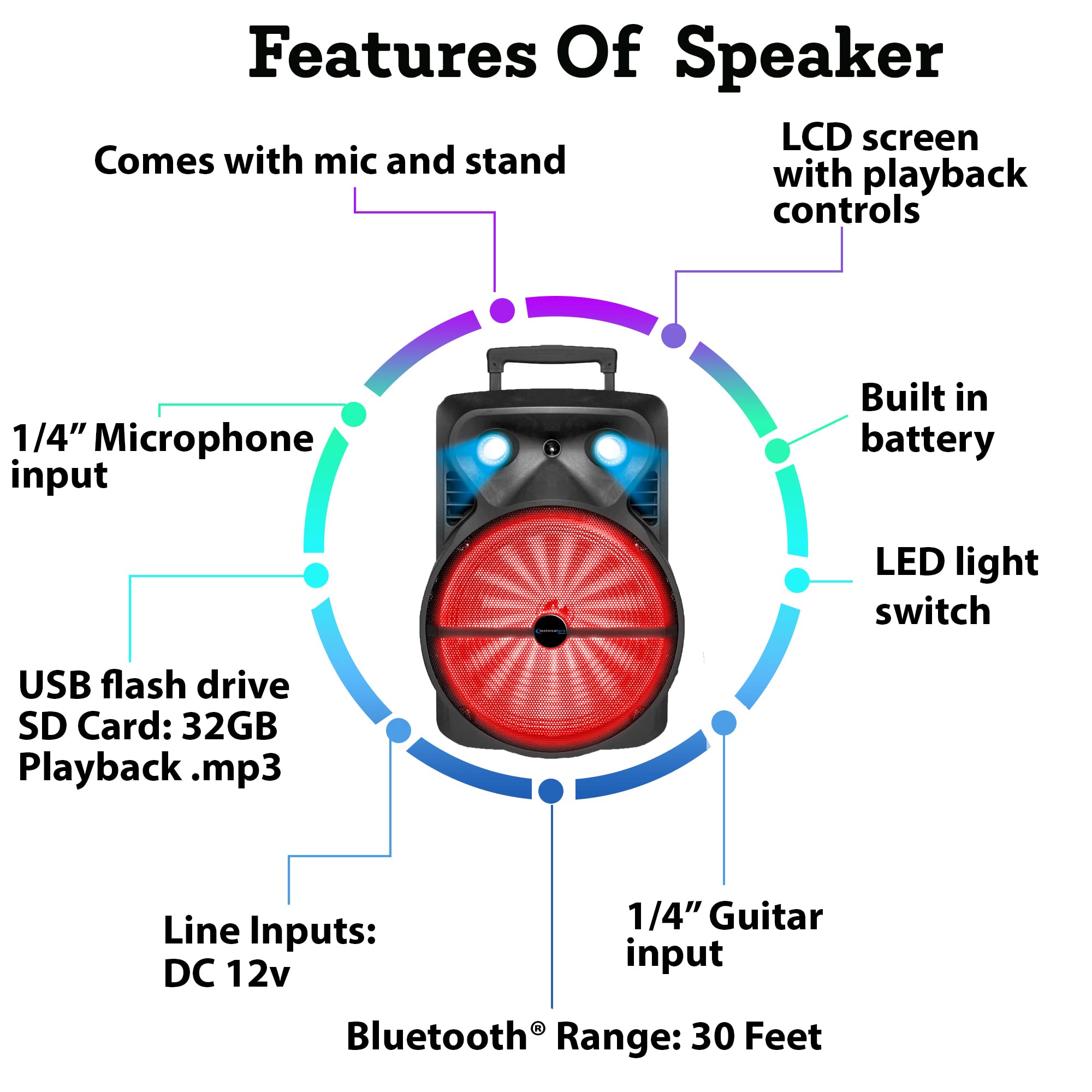 1600 Watts Bluetooth Speaker with Tripod, Wired Microphone & Remote Control | Rechargeable 15'' Two Way Bluetooth DJ Light Speak